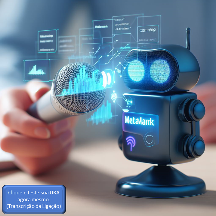 Imagem de uma mão estendendo um microfone para um pequeno robô. No corpo do robô está escrito MetaMark