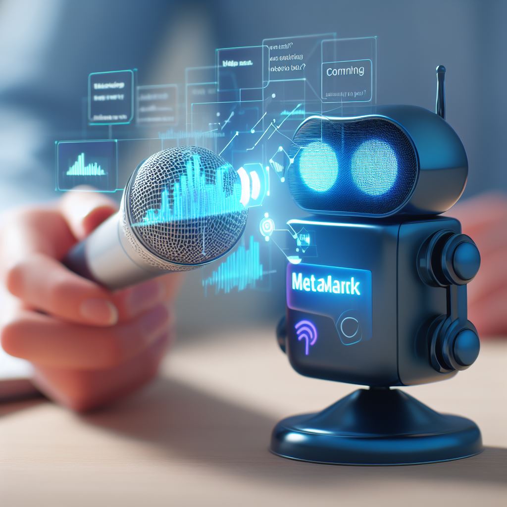 Imagem de uma mão segurando o microfone para um pequeno robô falar. Está escrito Metamark no corpo do robô